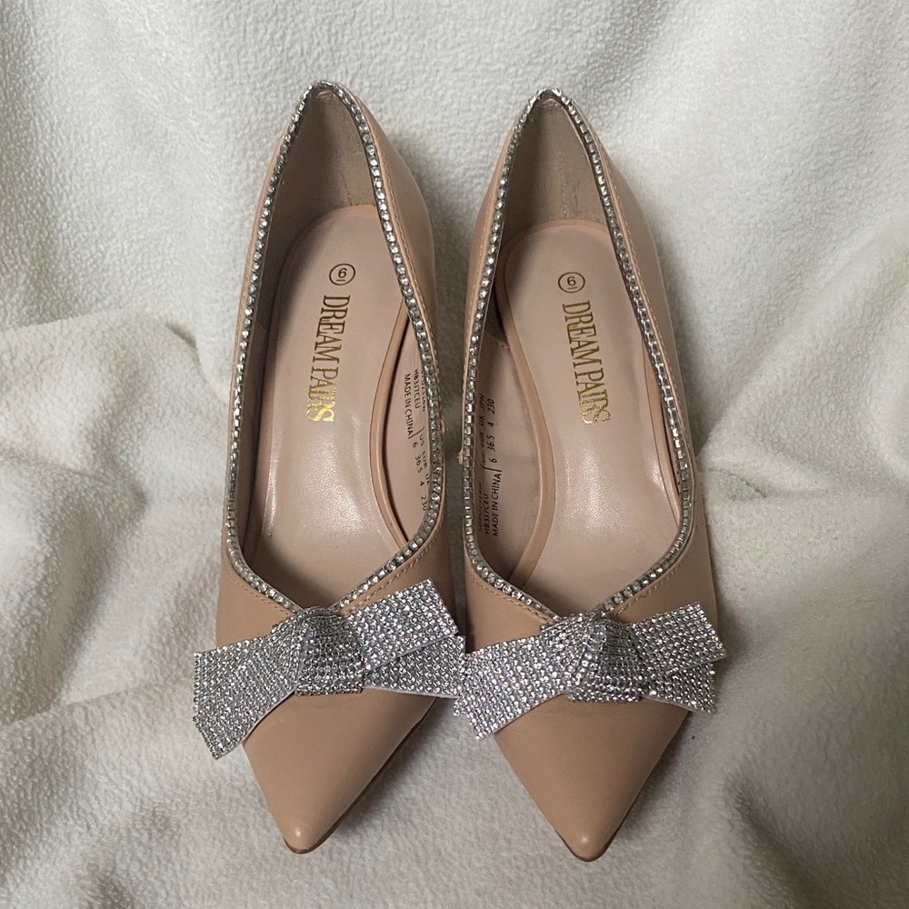 Dream Pairs Blush Nude Pointed Toe Flats with Crystal Bow Accent